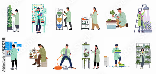 Collection of scientists and researchers working in modern indoor farms and agricultural laboratories using hydroponics and smart technology.