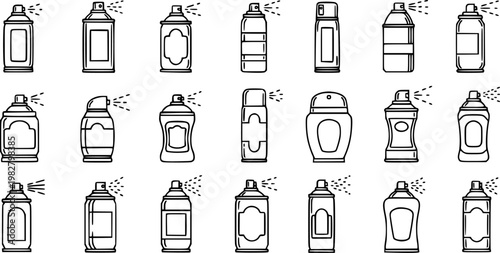 Black and White Line Art Collection of Assorted Spray Cans, Aerosol Cans, and Spray Bottles