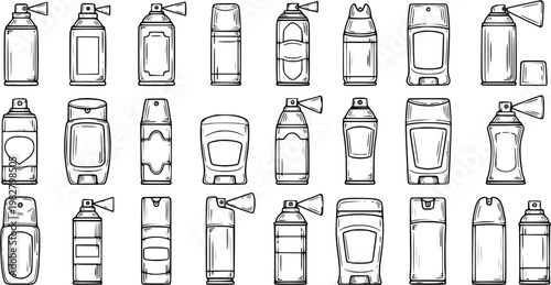 Hand-drawn Black and White Line Art Set of Personal Care Deodorant and Spray Cans. Vector Collection of Cosmetic Antiperspirant Bottles and Hygiene Products.