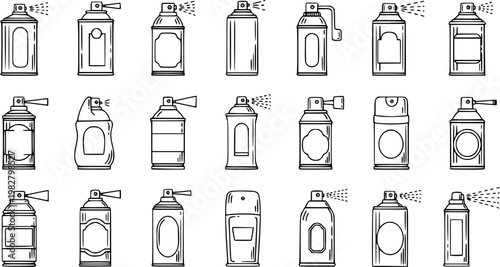 Outline Spray Cans Collection Line Art. Doodle Vector Set of Aerosol Bottles for Household, Art, Beauty, and Industrial Applications in Black and White.
