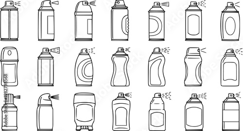 Black and White Line Art Collection of Various Spray Cans