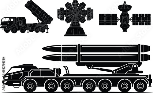Black silhouettes of military missile launchers and satellites on a white background, truck