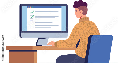 Man sitting at desk working on computer with checklist on screen