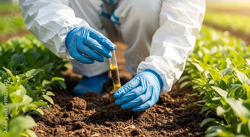 A person in a white hazmat suit and blue gloves collecting a soil sample in a test tube in a field with green plants