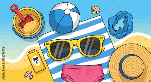 Summer Beach Vacation Essentials: Sunglasses, Hat, Sunscreen, Toys, and Towel on Sand