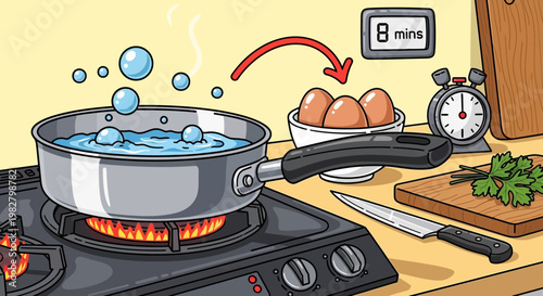 Boiling eggs in a pot on a stove, 8 minutes cooking time, kitchen scene