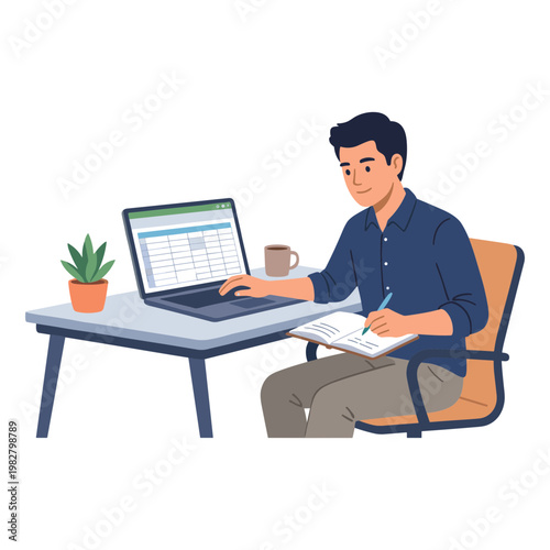 A man works on laptop at desk with papers and plant nearby indoors