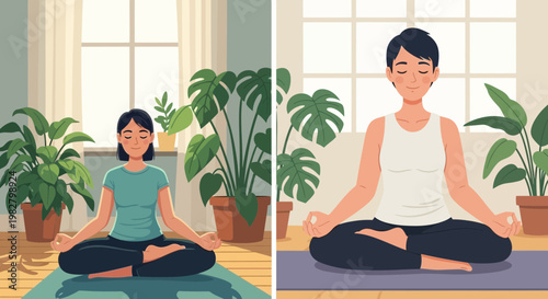 Two women meditating indoors, surrounded by plants, practicing mindfulness and yoga.