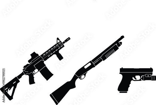Black silhouettes of three firearms, rifle, shotgun, and handgun guns rifles handguns shotguns
