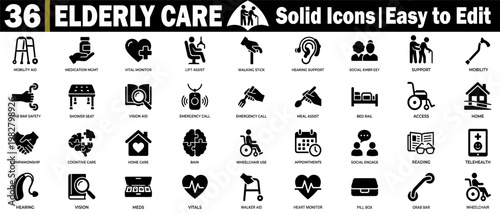 Professional elderly care solid icon. Collection featuring senior support graphics for healthcare medication management and home assistance services, with layout vector illustration.