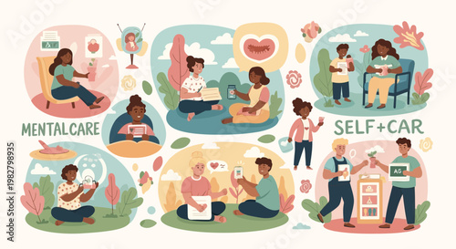 Diverse people practicing self-care and mental wellness activities
