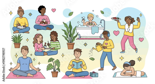 Diverse people practicing self-care and hobbies at home, illustration.
