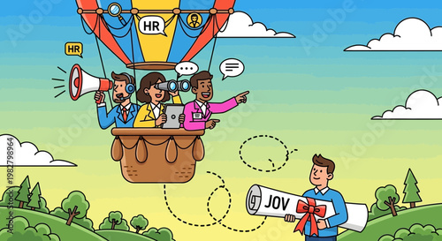 HR team in hot air balloon searches for talent, offering job opportunity scroll