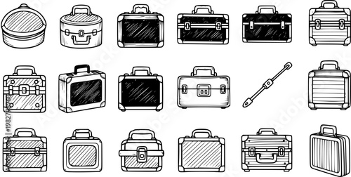 Black and White Line Art of Assorted Suitcases and Travel Bags, Vector Stock Illustration