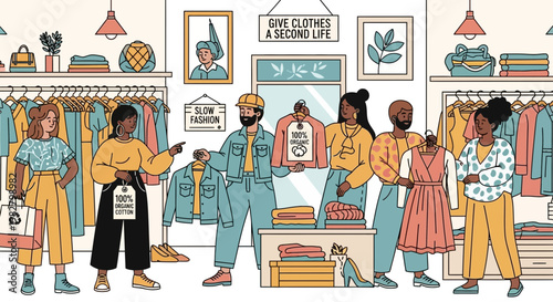 Diverse people shopping at a sustainable fashion thrift store, choosing second-hand clothes.