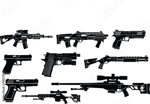 Black silhouettes of various firearms, including rifles and handguns, on white background, pistols