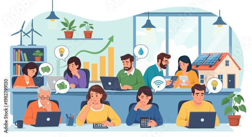 Diverse team collaborating on sustainable energy solutions and financial growth in modern office