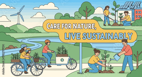 Sustainable living and nature care illustration with people cycling and planting trees