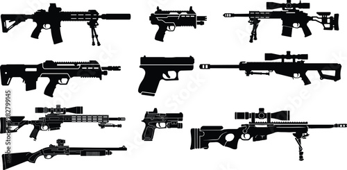 Black silhouettes of various firearms, including rifles and handguns, on white background