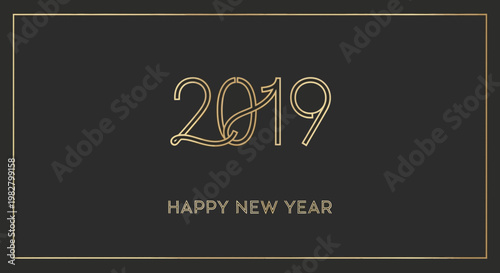 Elegant 2019 Happy New Year text with gold outline on dark background