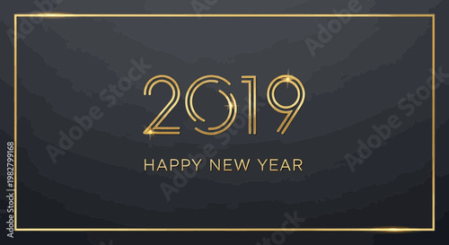 Golden 2019 Happy New Year Text on Dark Marble Background with Gold Frame