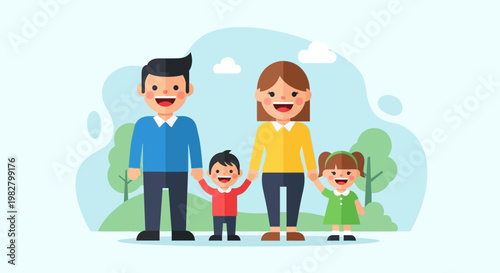 Happy Family Portrait Outdoors: Parents and Two Children Holding Hands in Park