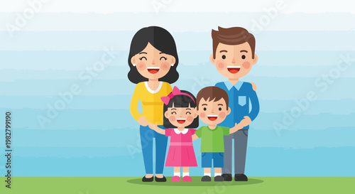 Happy Family Portrait: Parents and Two Children Smiling Together Outdoors