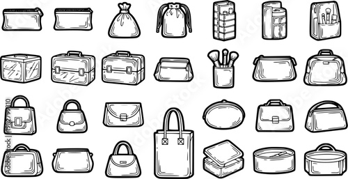 Black and White Line Art Icons of Bags and Cases, Fashion Accessories Collection