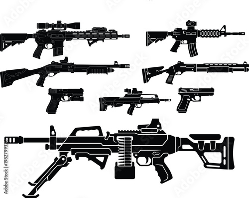 Black silhouettes of various firearms, including rifles and pistols, on white background, guns