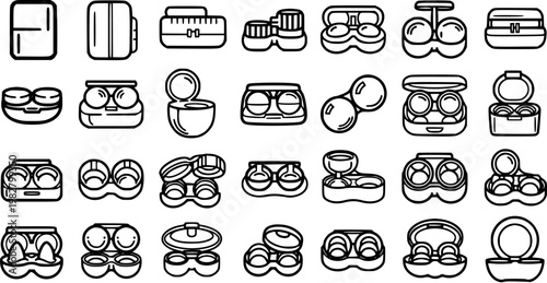 Black and White Line Art Icons of Contact Lens Cases and Lenses, Ophthalmic Medical and Healthcare
