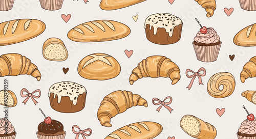 Seamless Pattern of Freshly Baked Bread, Croissants, and Cupcakes with Hearts and Bows