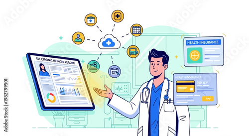 Doctor using digital tablet with health insurance and medical records, cloud technology concept