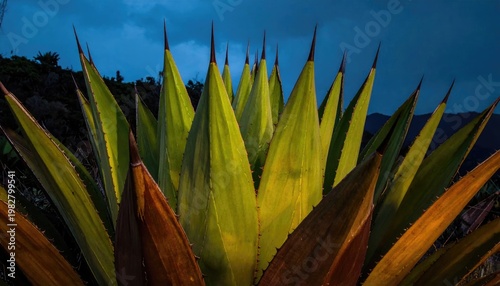 A striking close-up captures a cluster of agave plants bathed in the cool blue light of dusk, showcasing their sharp, geometric forms against a distant mountain range.