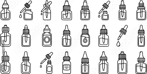 Black and white line art icons of dropper bottles, isolated on white background, for cosmetic and medical industry