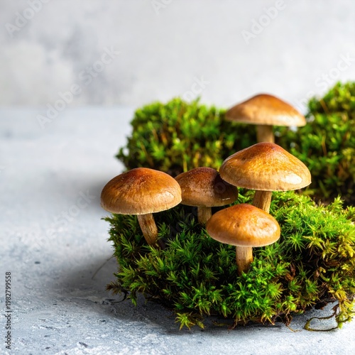 A cluster of brown mushrooms grows vibrantly atop a lush green moss bed against a soft, neutral backdrop.