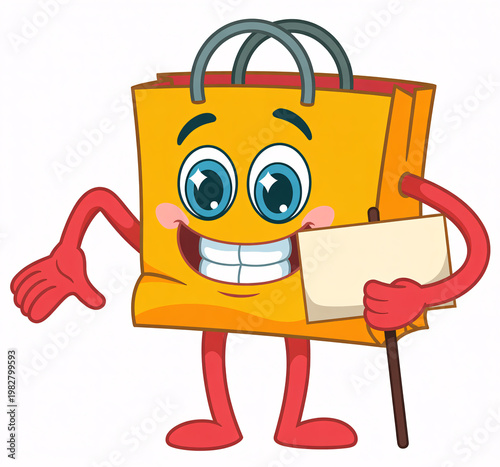 A cheerful cartoon shopping bag with a sign stands on a plain background, smiling and welcoming customers to shop.