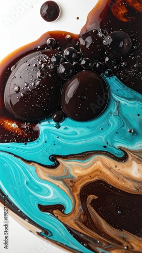 A captivating abstract composition showcases swirling patterns of blue, brown, and black liquids interspersed with spherical droplets against a stark white background.