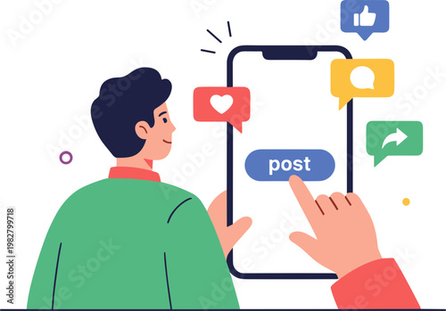 A person interacts with a smartphone to post social media updates with friends.