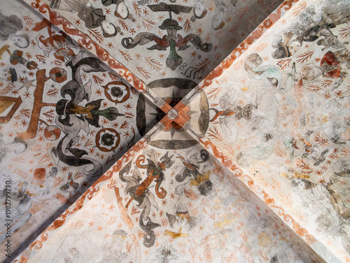 Medieval vaulted ceiling fresco in Sejerø Kirke, Sejerby, Denmark, with biblical figures and ornamental motifs from Old Testament painting cycle