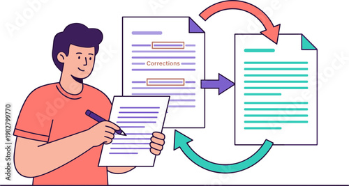 Man editing documents with arrows indicating corrections and revisions