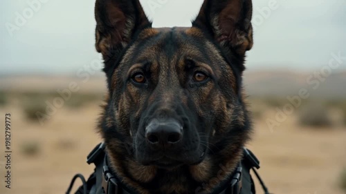 Military working dog in tactical gear stands alert in desert landscape. German shepherd focused with intense gaze. K9 unit security concept for defense training and operations