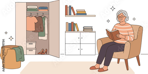 Elderly woman reads book sitting in chair next to organized closet and dresser