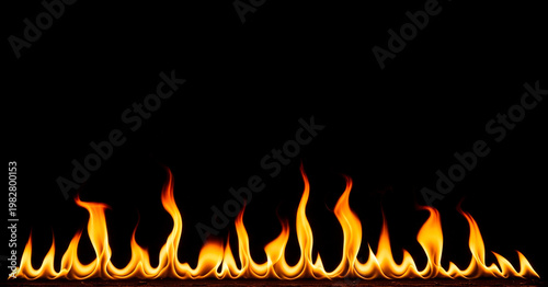 Smooth elegant fire flame border isolated over absolute dark black backdrop intense inferno heat energy yellow orange burning glowing edge template design resource