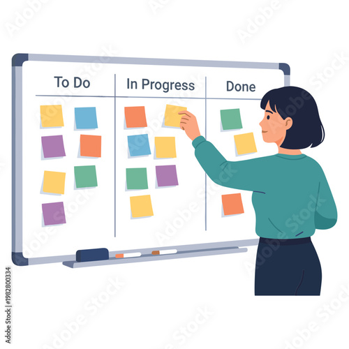Woman Sticking Note on Kanban Board in Office Setting Daily Tasks