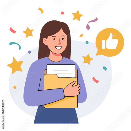 Woman holding folder with confetti and stars celebrating success