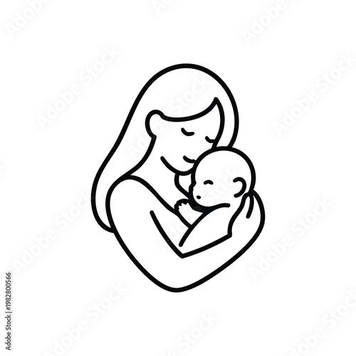 Mother hugging baby black and white vector illustration child care and maternal love icon