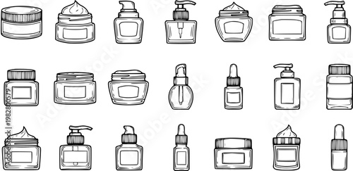 Black  White Hand-drawn Line Art Set of Cosmetic Skincare Packaging. Doodle Icons of Beauty Cream Jars, Lotion Bottles, and Serum Droppers.