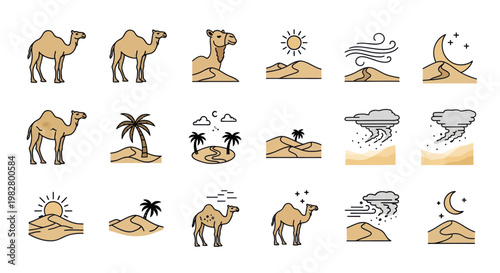 Desert Landscape Icons: Camels, Dunes, Sun, Moon, Palms, Sandstorm, Oasis