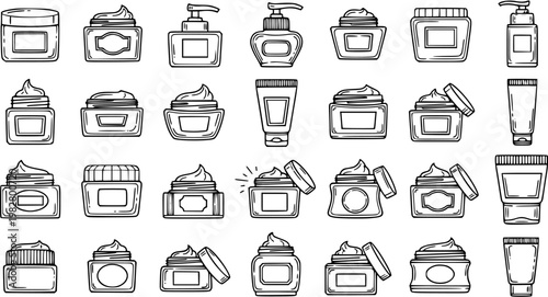 Hand-drawn Black and White Line Art Skincare and Beauty Product Packaging Set. Outline Icons of Cream Jars, Lotion Bottles, and Cosmetic Tubes