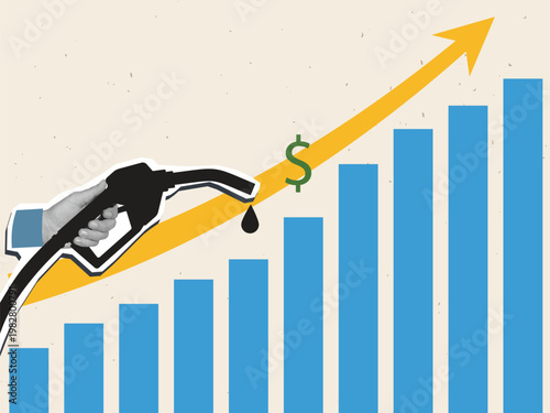 Concept of rising fuel prices - a hand with a gas nozzle and a rising chart with an arrow showing an upward trend and a dollar sign. Modern collage style. Vector illustration